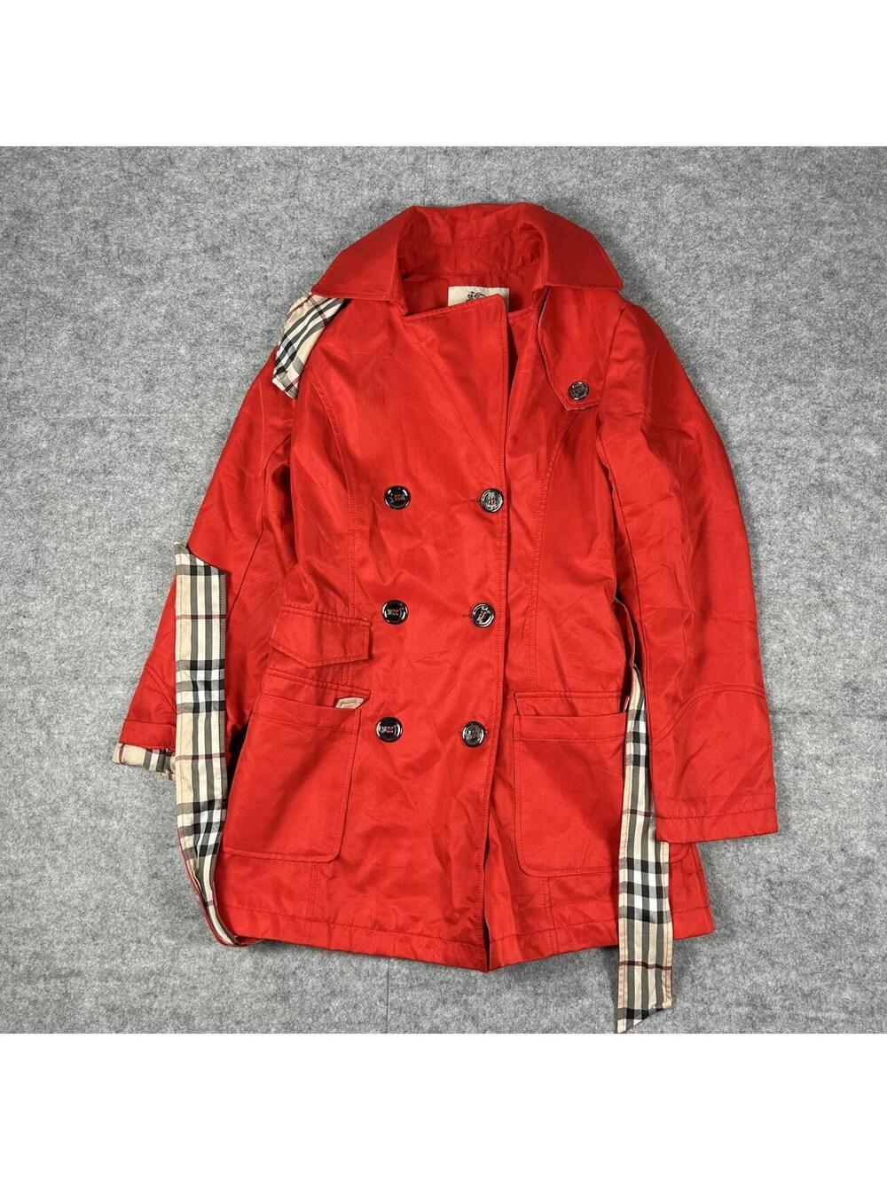 Women’s Burberry London Red Double Breasted Plaid Trench Coat Size Medium